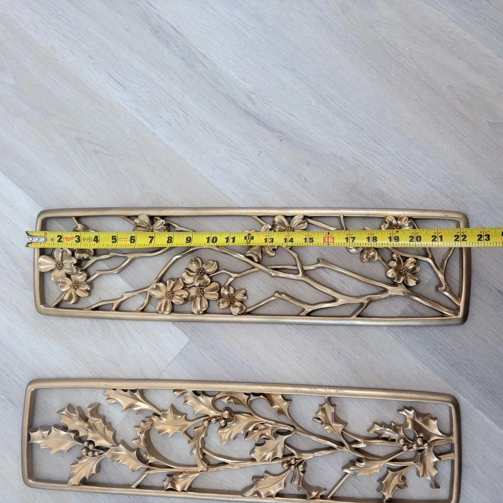 Vintage seasons Syroco Gold Wall Plaques Set of 2 Dogwood Holly Floral MCM 20x6